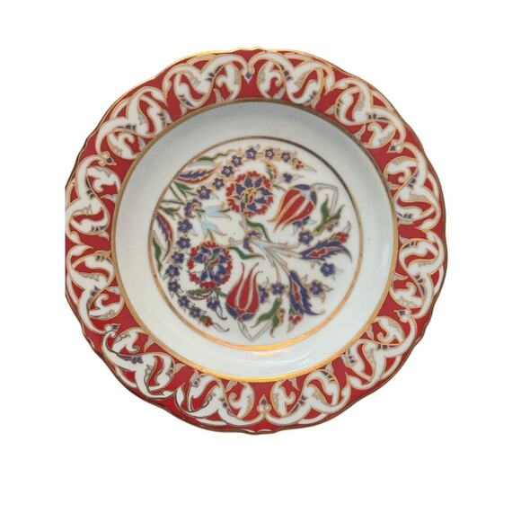 Hand-Painted Turkish Porcelain Plate – Red & Gold Floral-5” - Picture 1 of 2